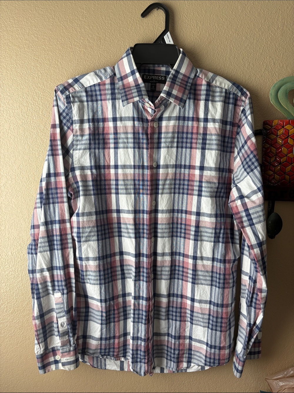 Express Men’s White Plaid Button-Down Shirt with Blue & Red Stripes